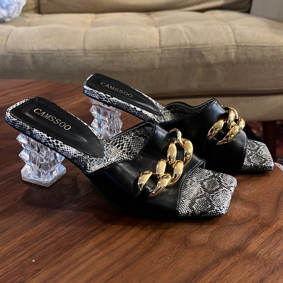 Women's Chain Detail Square Toe Heeled Sandals Lucite heels - Picture 1 of 5